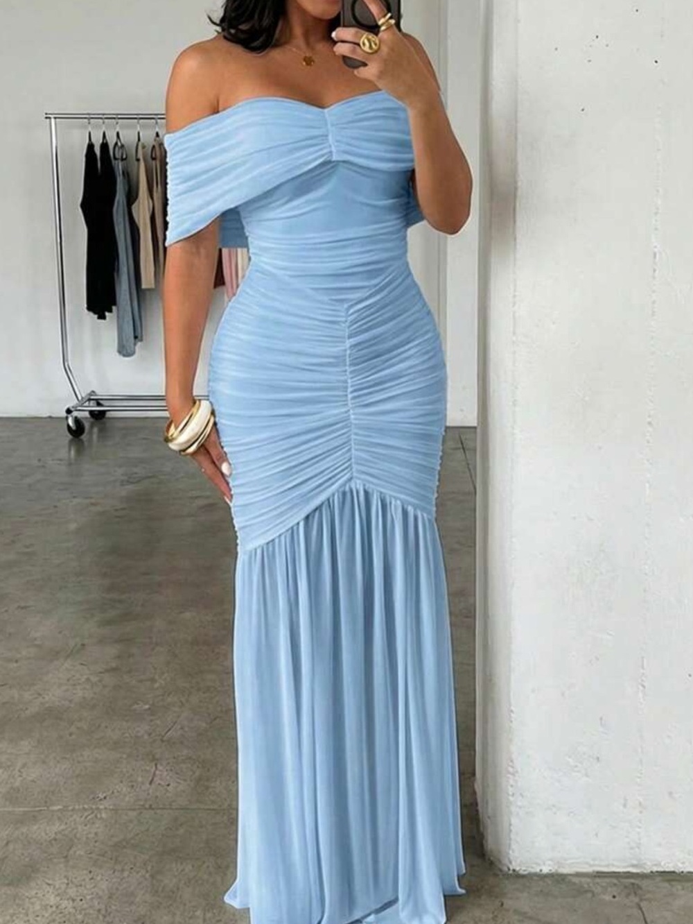 Off-Shoulder Blue  Ruched Maxi Dress